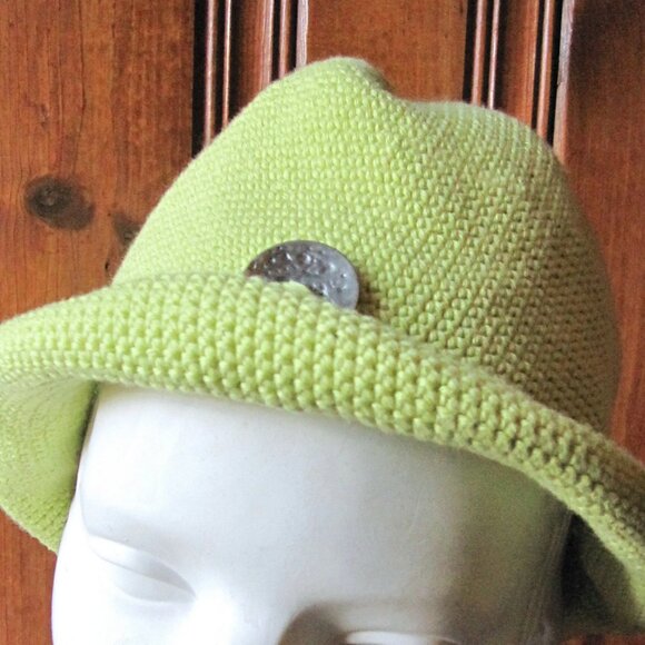 Lime Green Knitted Hat - Vintage Ladies' Floppy Knit Bucket Hat 21.5" Band Small - Picture 2 of 5